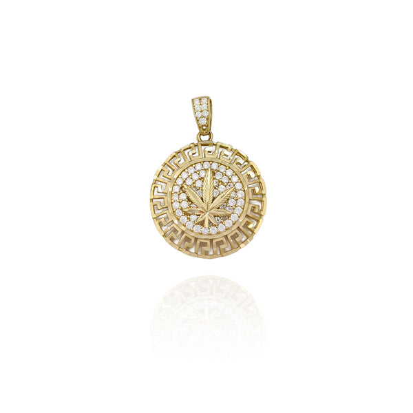 Greek-Key Marijuana Leaf CZ Medallion Pendant (10K)