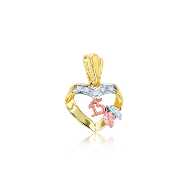 Tricolor CZ Fifteen Year Heart Pendant (14K)