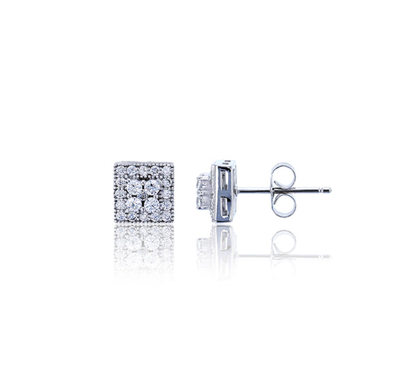 Micropave Round CZ Square Stud Earring (Silver)