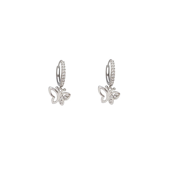 Hanging Butterfly CZ Huggie Earrings (14K)