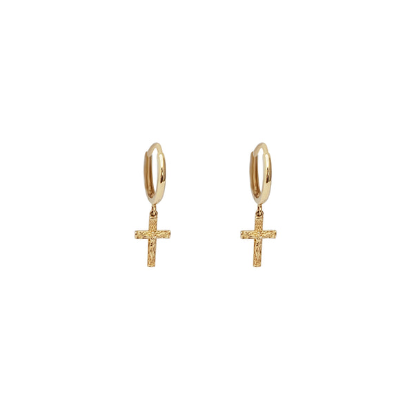 Hanging Crucifix Huggie Earrings (14K)