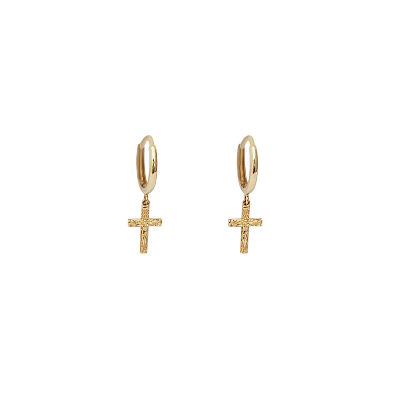 Hanging Crucifix Huggie Earrings (14K)