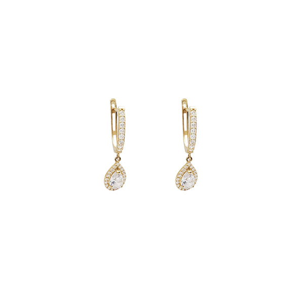 Hanging Drop CZ Huggie Earrings (14K)