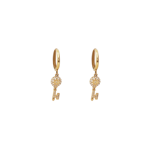 Hanging Key CZ Huggie Earrings (14K)