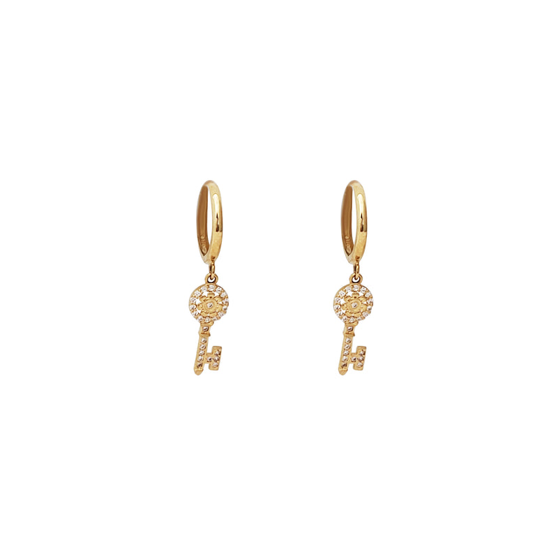 Hanging Key CZ Huggie Earrings (14K)