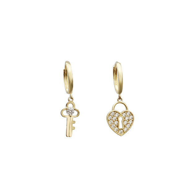 Hanging Key & Lock Huggie CZ Earrings (14K)