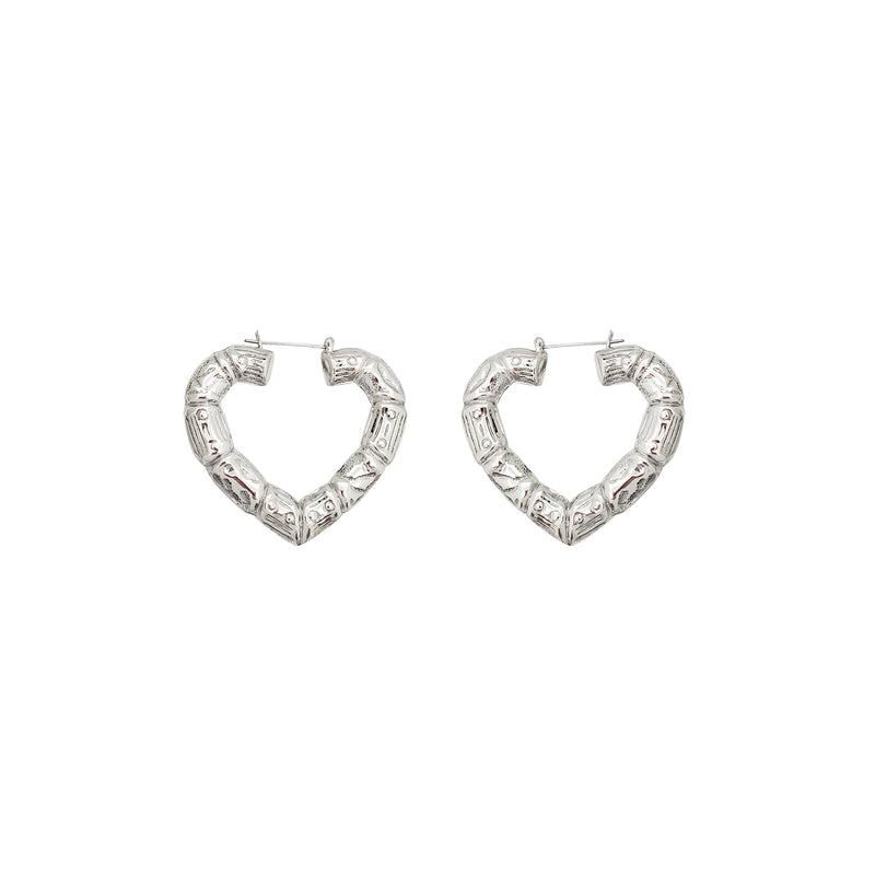 Heart Shape Bamboo Hoop Earrings (Silver)