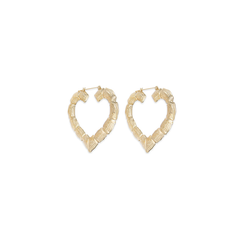 10K YELLOW GOLD HEART BAMBOO HOOPS -LARGE