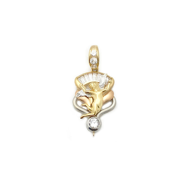 Tri-Color Baby Angel Round & Baguette CZ Pendant (14K)