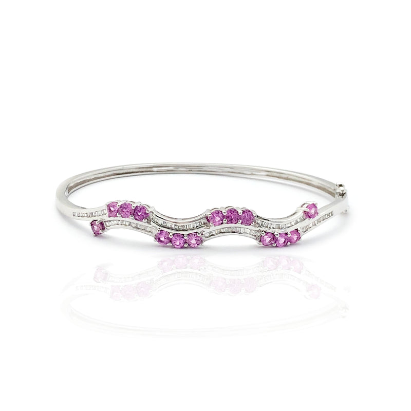 Wave Pink Sapphire & Baguette Diamond Bangle Bracelet (14K)