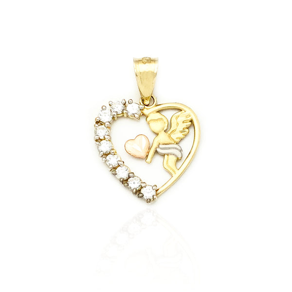 Tri-Color Love Angel Heart CZ Pendant (14K)