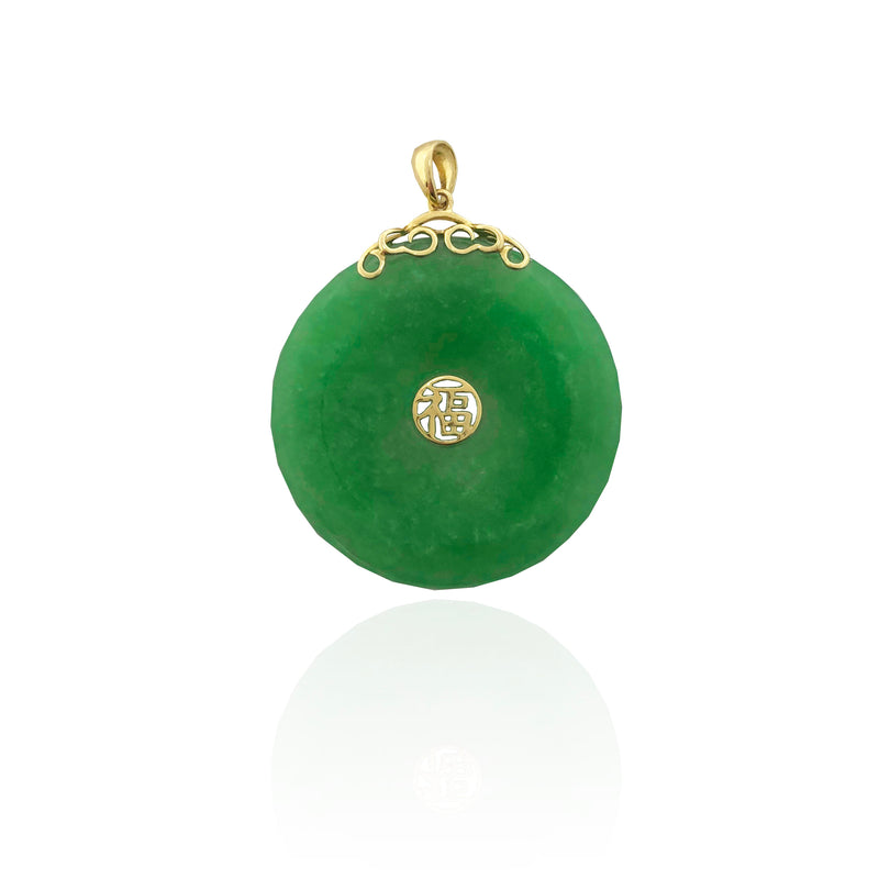 Jade Happiness Symbol Round Disc Pendant (14K)