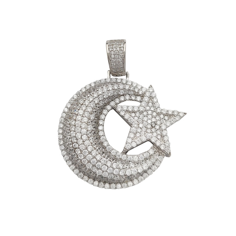 Iced-Out Crescent Moon & Star Pendant (Silver) Popular Jewelry New York