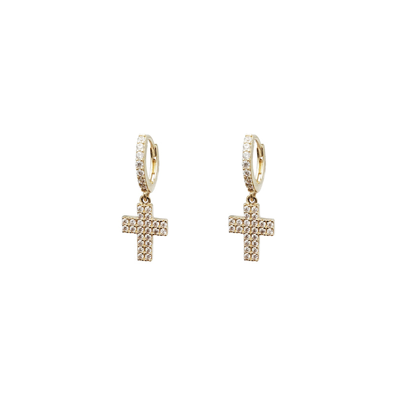 Iced-Out Cross Dangling Huggie CZ Earrings (14K)