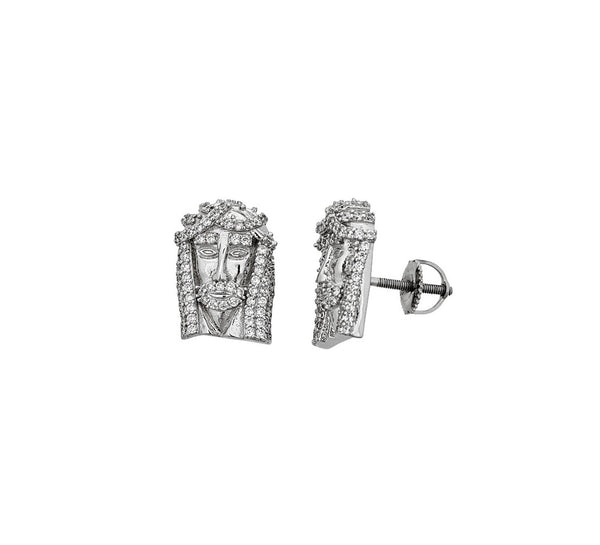 Jesus CZ Head Stud Earrings (Silver)