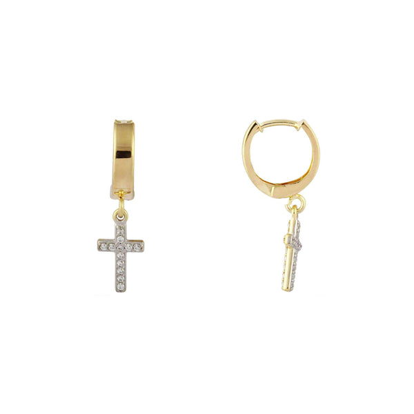 Zirconia Dangling Cross Huggie Earrings (14K)