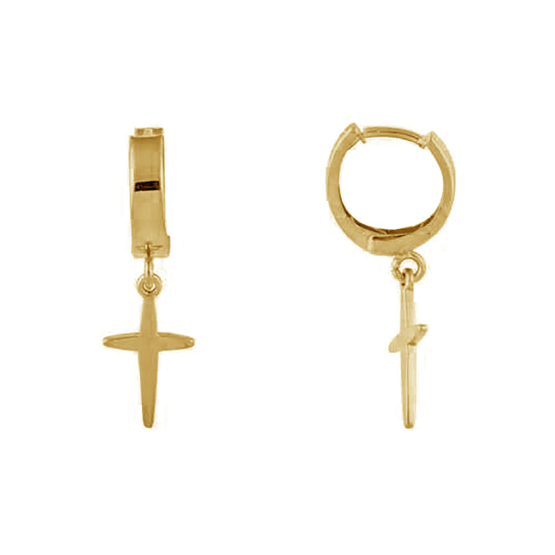 Glossy Dangling Cross Huggie Earrings (14K)