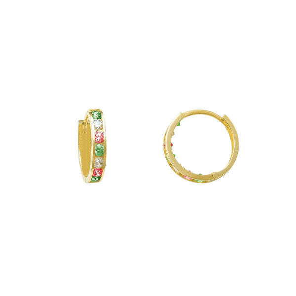 Zirconia Green-Red-White Huggie Earrings (14K)