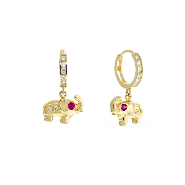 Zirconia Red-Eyes Elephant Hanging Huggie Earrings (14K)