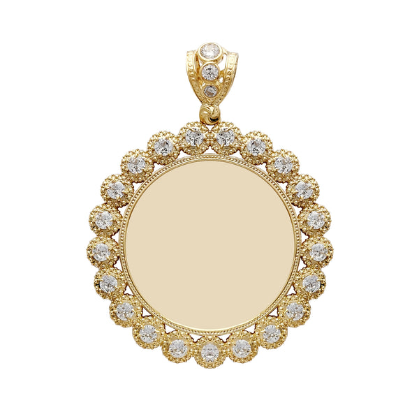 Large Size Milgrain Budded Frame Round Medallion Picture Pendant (14K) Popular Jewelry New York