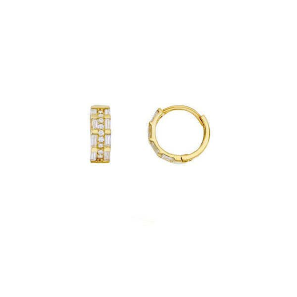 Layered Round & Baguette CZ Huggie Earrings (14K)