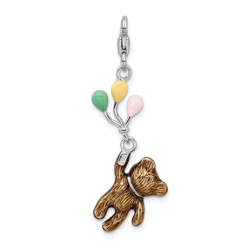 Multi-colored Enamel 3D Bear holding Balloons Charm (Silver)