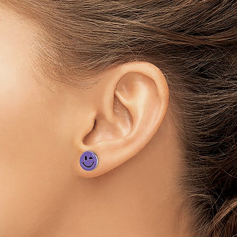 Enamel Purple Smiley Face Stud Earrings (Silver)