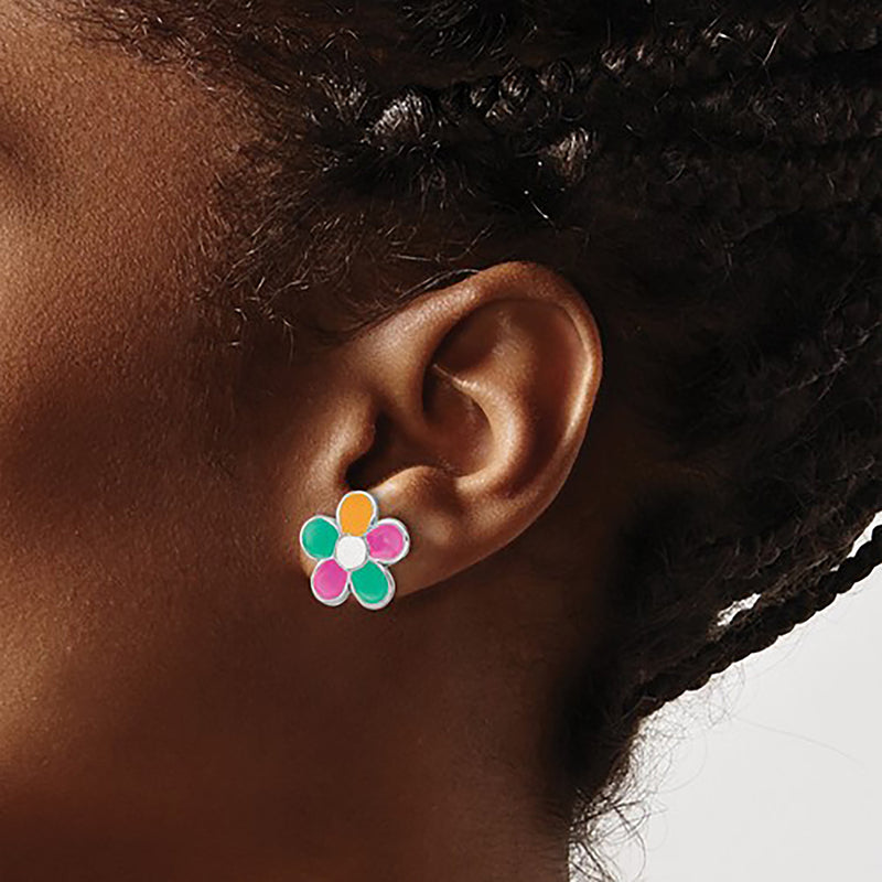 Enamel Colorful Flower Stud Earrings (Silver)