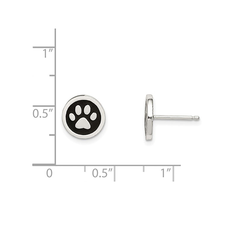 Round Enamel Paw Print Stud Earrings (Silver)