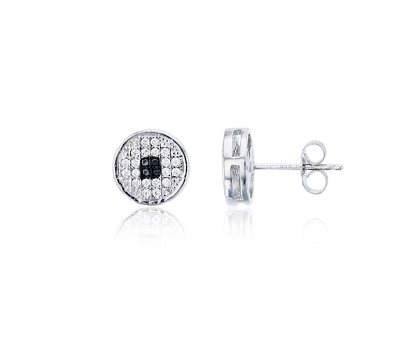 Black & White Micropave Round Stud Earring (Silver)