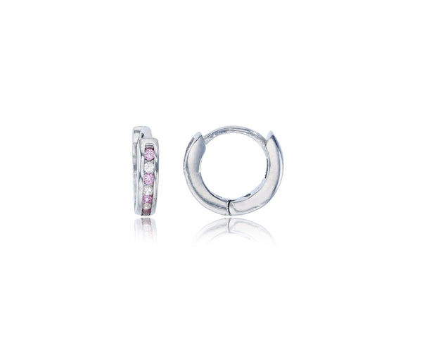 One-Row Channel Set Pink & White Round Cut CZ Huggie Earring (Silver)