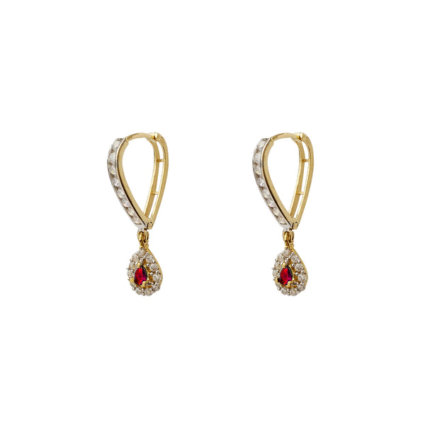 Red Stone Pave Teardrop V-Shape Hanging Huggie Earrings (14K) Popular Jewelry New York