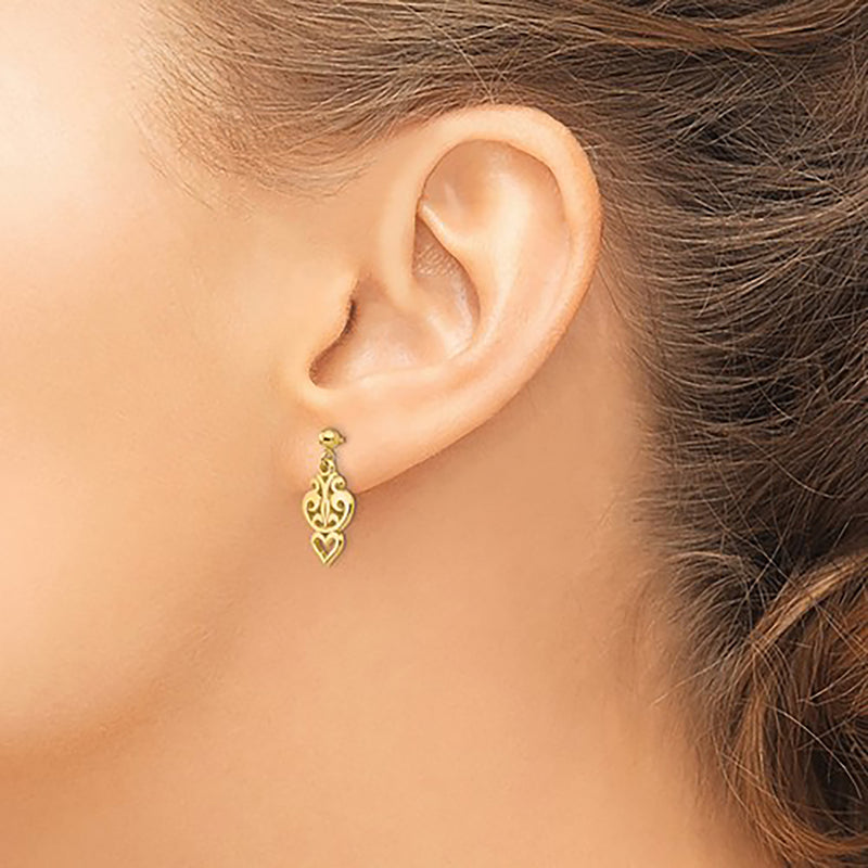 Filigree Heart Stud Dangling Earrings (14K)