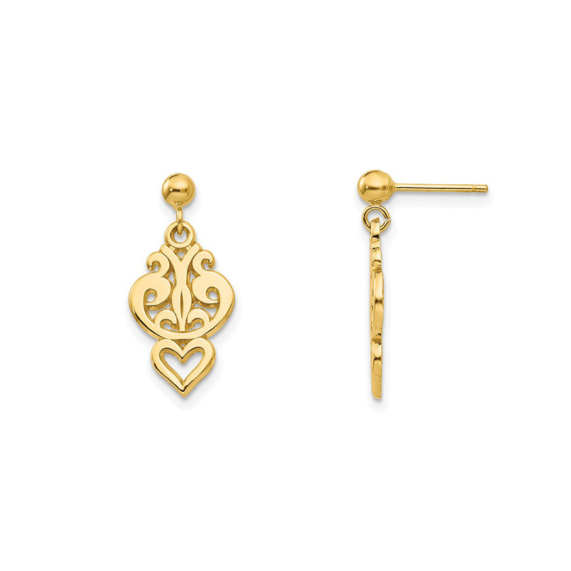 Filigree Heart Stud Dangling Earrings (14K)