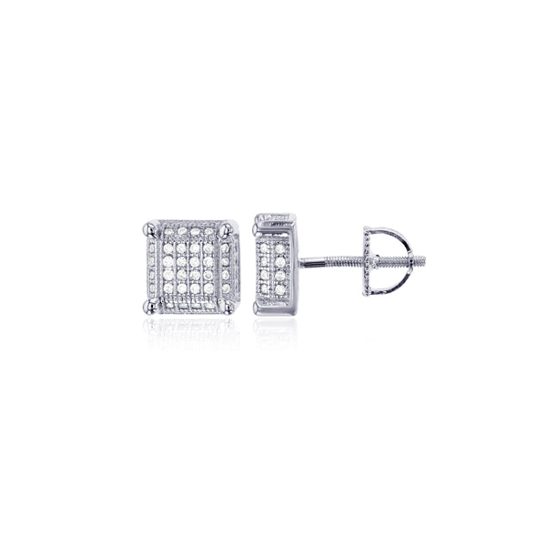 Micropave 3-D Square CZ Stud Earrings (Silver)