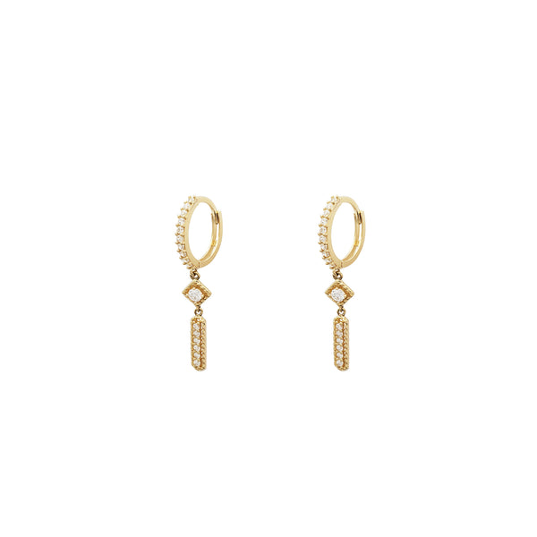 Square Drop Bar Huggie CZ Earrings (14K)