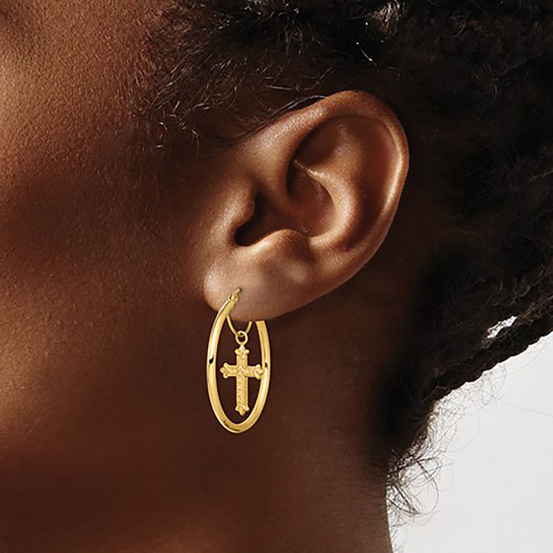 Dangling Cross Hoops Earrings (14K)