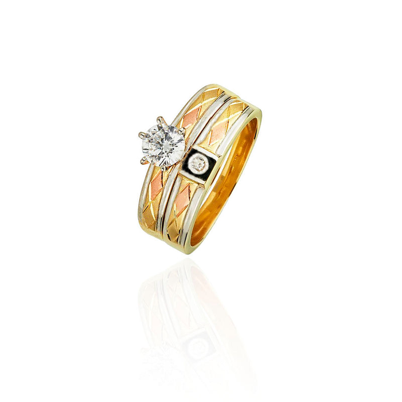 Two-Piece Tricolor Engagement & Wedding Set (14K; Cubic Zirconia)