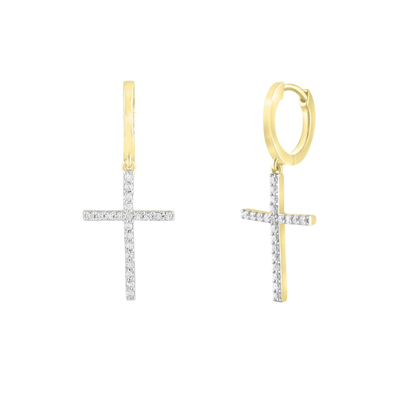 Diamond Cross Dangling Huggie Earrings (14K)