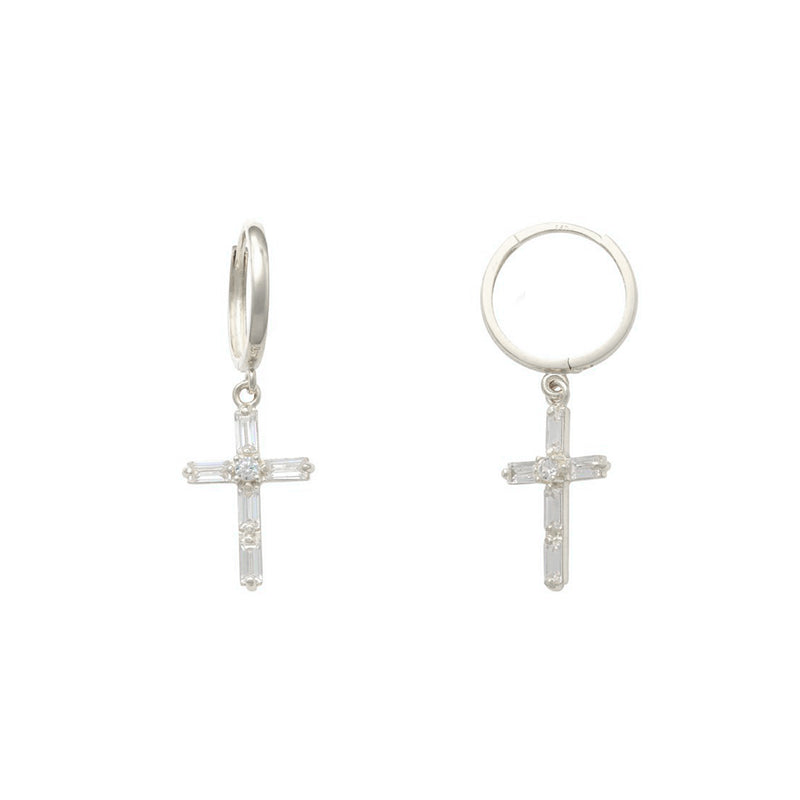 White Gold Baguettes Cross Earrings (14K) Popular Jewelry New York