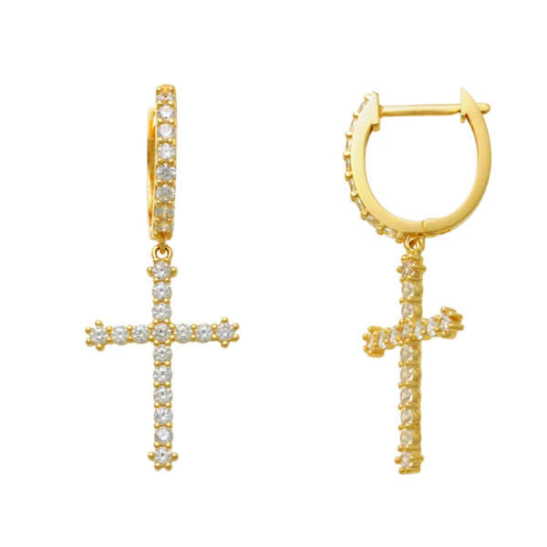 Yellow Gold Pave Cross Drop Earrings (14K) Popular Jewelry New York