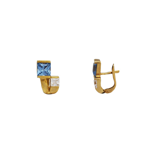 Asymmetrical Square Topaz and Zirconia Huggie Earrings (14K)