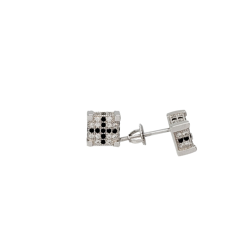 Iced-Out Black Crosshair Square Stud Earrings (Silver)