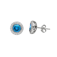 Purple Zirconia Halo Bezel Stud Earrings (Silver)