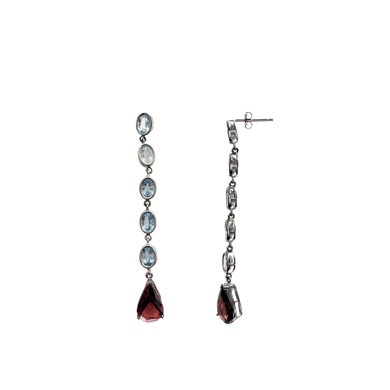 Blue Topaz & Garnet Drop Earrings (14K)