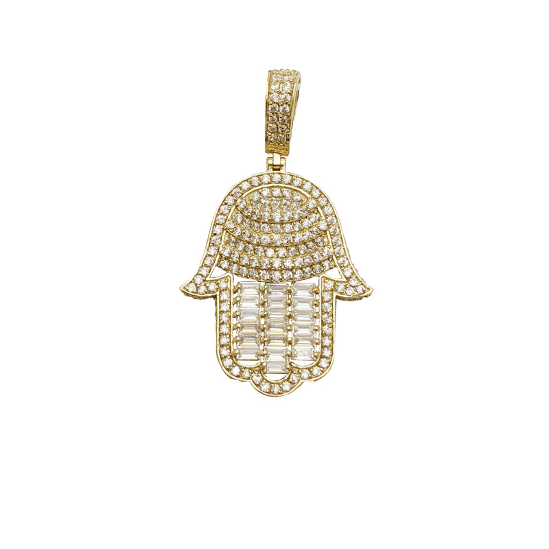 Iced-Out Hamsa Hand with Evil Eye CZ Pendant (14K).