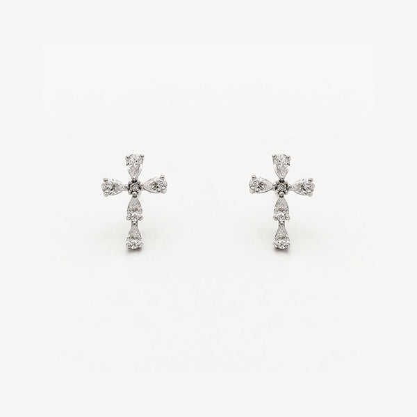 Stoneset Tapered Cross CZ Stud Earrings (14K)