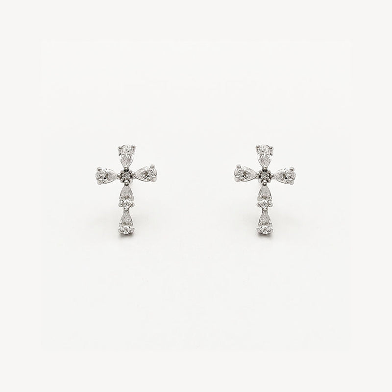 Stoneset Tapered Cross CZ Stud Earrings (14K)