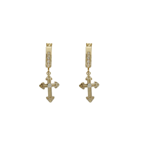 Dangling  Cross CZ Huggie Earrings (14K)