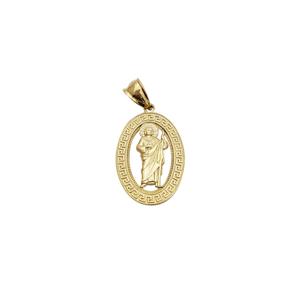 Oval Shape Greek Key Saint Jude Pendant (14K)